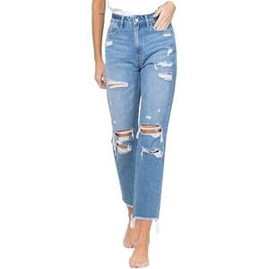 VERVET by Flying Monkey Distressed Raw Hem Mom Jeans - V2149 - Size 26